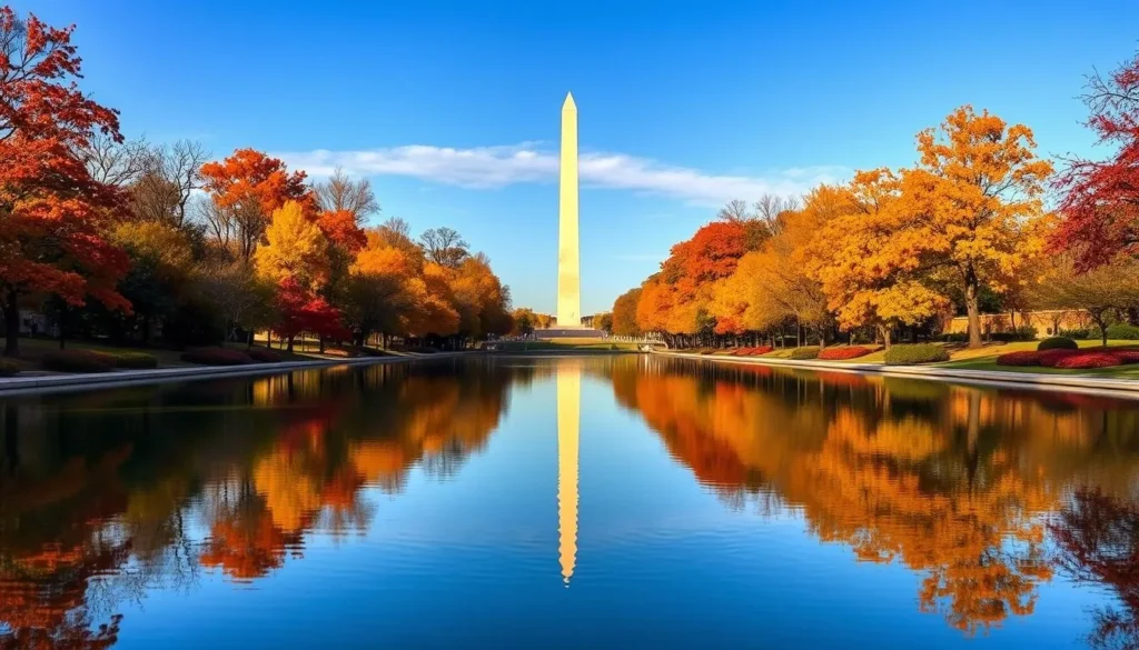 Fall foliage around the Reflecting Pool with the Washington Monument in the background