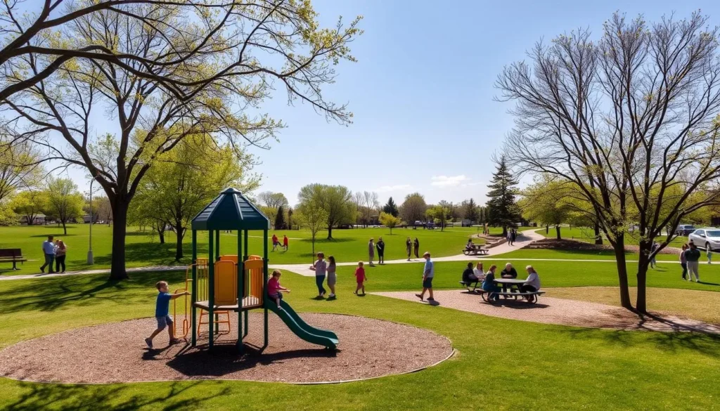 Families enjoying a sunny day at Dicks Park in Commerce City with playground and green spaces visible Families enjoying a sunny day at Dicks Park in Commerce City with playground and green spaces visible