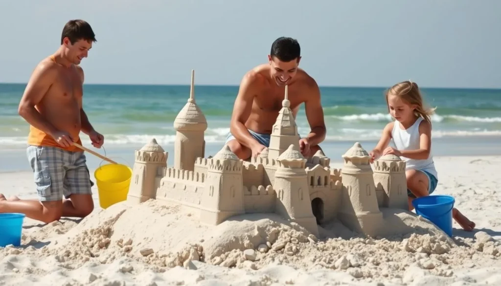 Family building an elaborate sandcastle on Mustang Island beach with buckets and tools