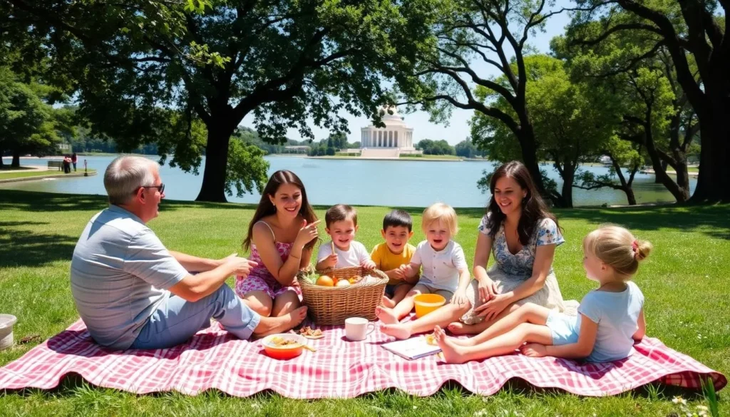 Family enjoying a picnic at East Potomac Park with Jefferson Memorial view Family enjoying a picnic at East Potomac Park with Jefferson Memorial view