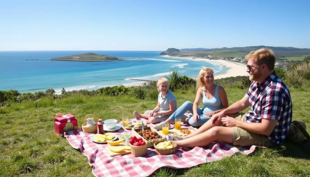 Family enjoying a picnic at Fingal Bay with views of Fingal Island and the spit Family enjoying a picnic at Fingal Bay with views of Fingal Island and the spit