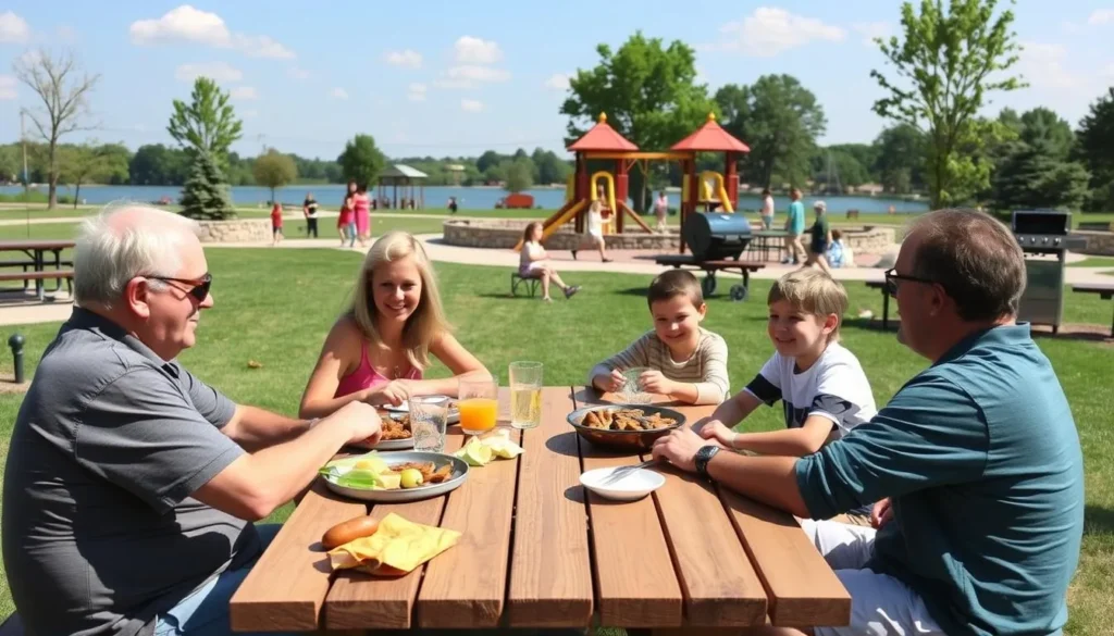 Family enjoying a picnic near Carlyle Lake with playground and recreational facilities visible