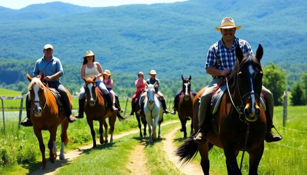 Family enjoying horseback riding at Mountain Brook Farm in Windham, New York Family enjoying horseback riding at Mountain Brook Farm in Windham, New York