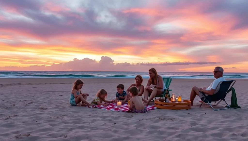 Family enjoying sunset picnic on Dundee Beach Northern Territory