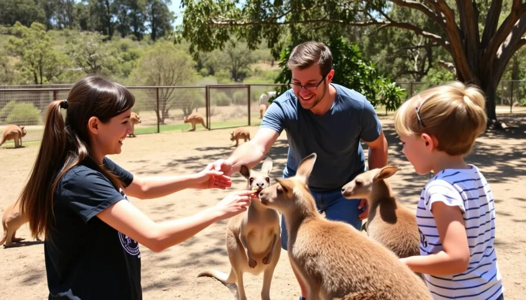 Family feeding kangaroos at Oakvale Wildlife Park near Nelson Bay Family feeding kangaroos at Oakvale Wildlife Park near Nelson Bay