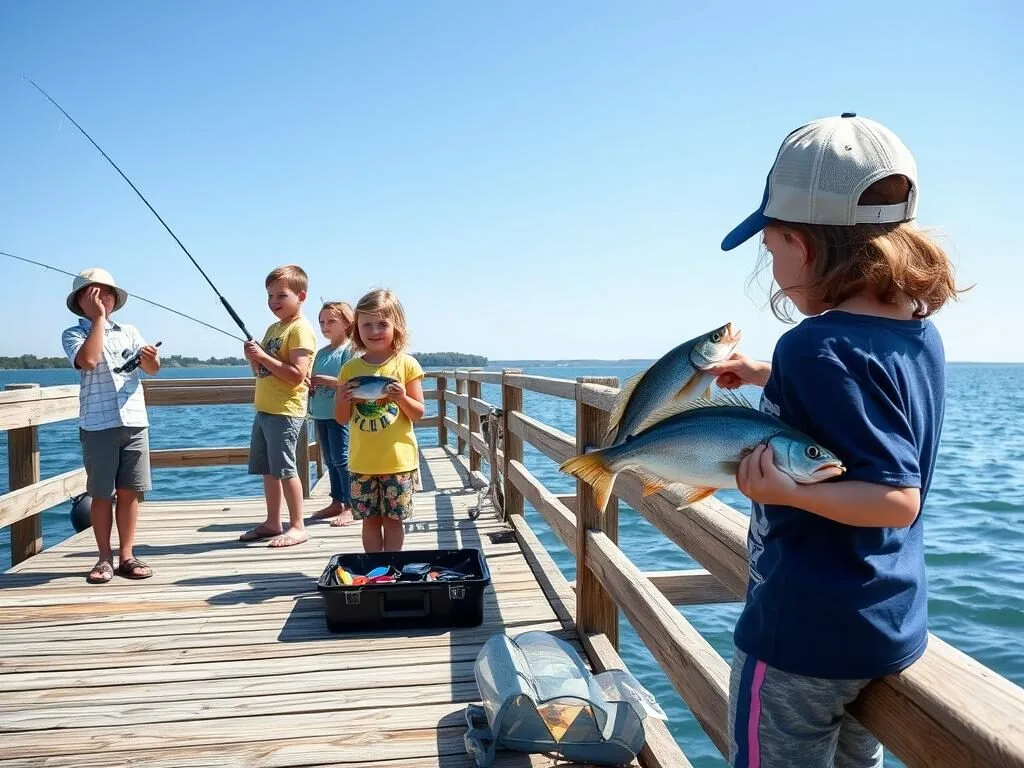 Family fishing from a pier at Carlyle Lake with fishing gear and caught fish visible