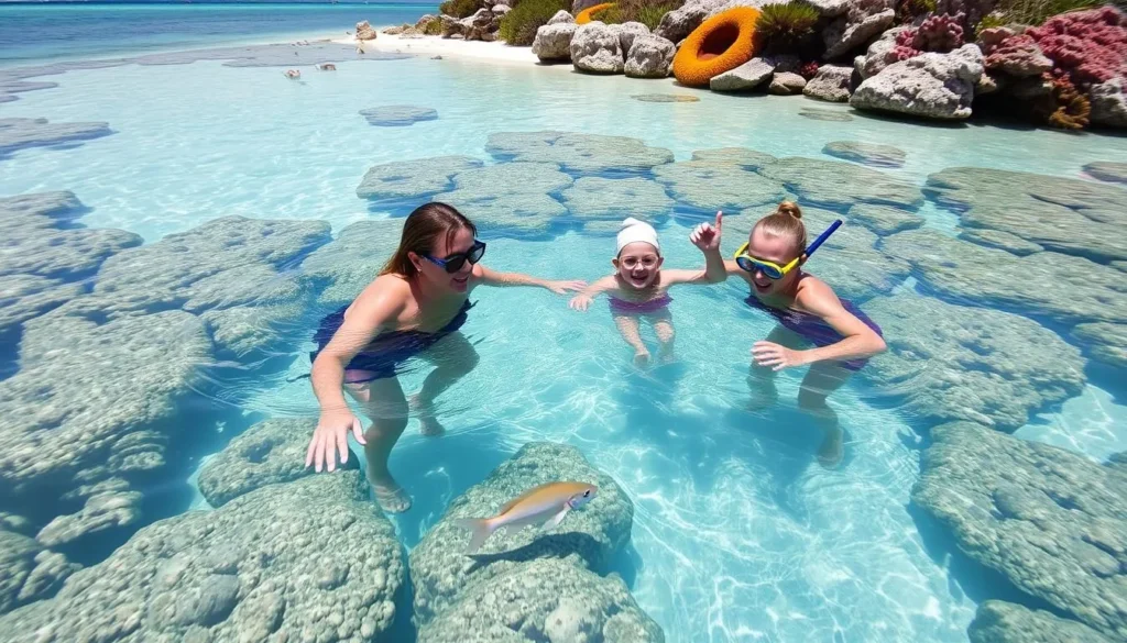 Family snorkeling at a shallow reef entry point in Bonaire National Marine Park
