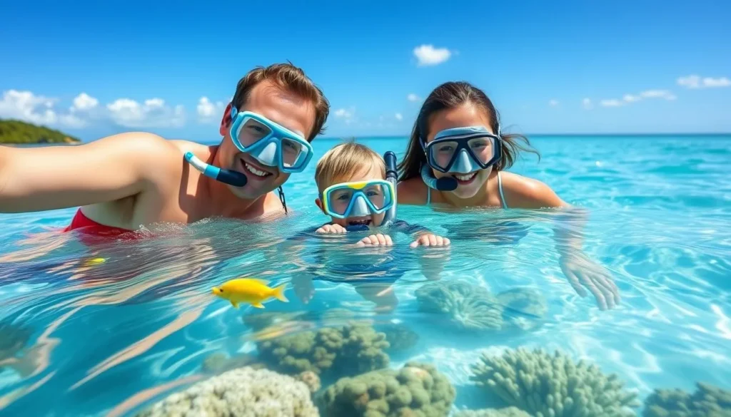 Family snorkeling together in shallow Fiji waters with colorful fish
