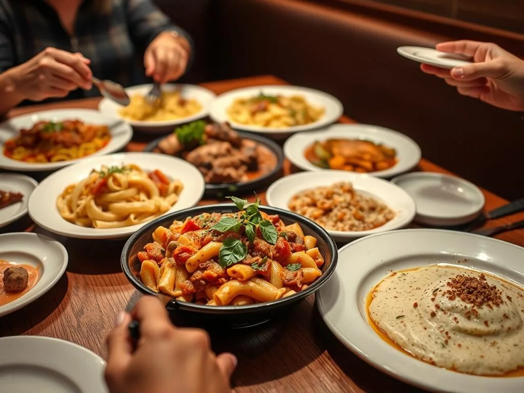 Family-style Italian dishes being served at Maggiano's Little Italy in Washington DC