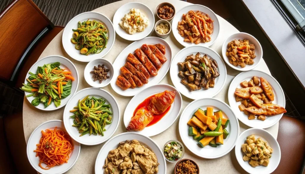 Family-style spread of dishes at Mama Chang restaurant featuring colorful Hubei province specialties