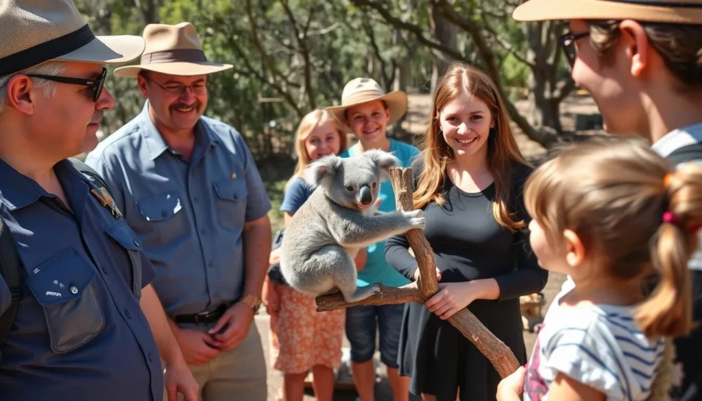 Family watching koalas during a wildlife presentation at Blackbutt Reserve