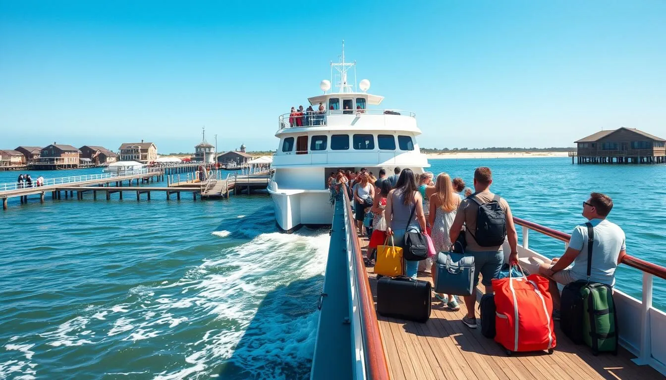 Ferry approaching Fire Island dock on a sunny day with passengers ready to disembark