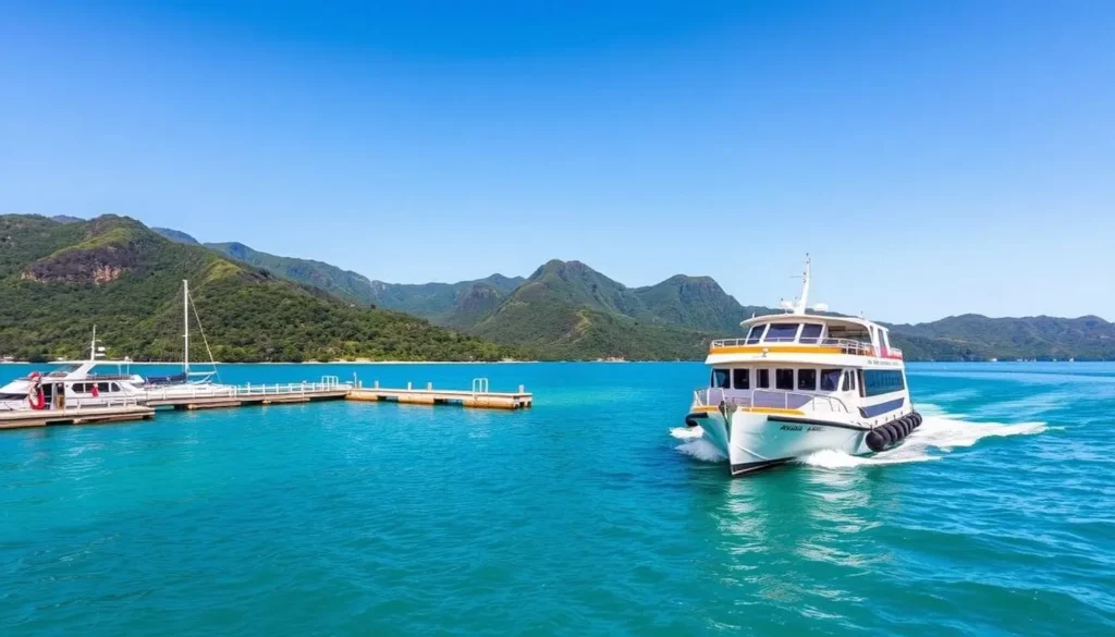 Ferry approaching Fitzroy Island National Park, Queensland with mountains in background Ferry approaching Fitzroy Island National Park, Queensland with mountains in background