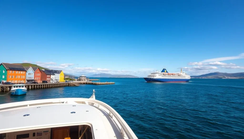 Ferry approaching Lerwick harbor in Shetland Islands on a sunny day