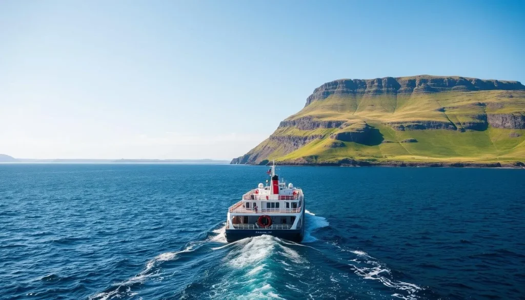 Ferry approaching the island of Unst with scenic coastal landscape