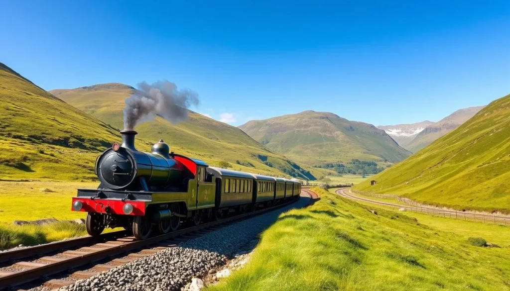 Ffestiniog Railway steam train traveling through the scenic Snowdonia countryside