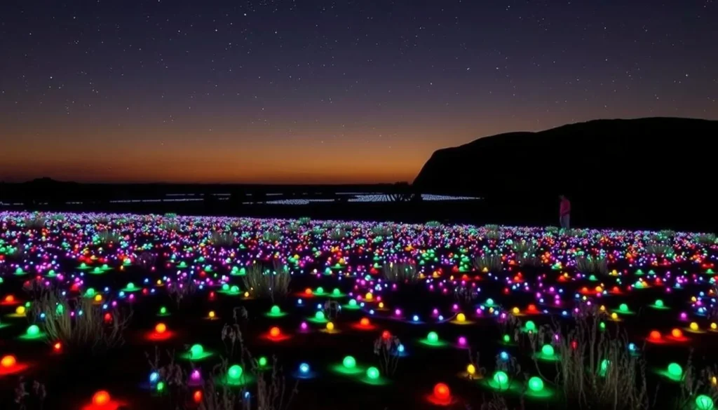 Field of Light art installation at night with thousands of illuminated bulbs in front of Uluru, Best Things to Do in Yulara, Northern Territory Field of Light art installation at night with thousands of illuminated bulbs in front of Uluru, Best Things to Do in Yulara, Northern Territory