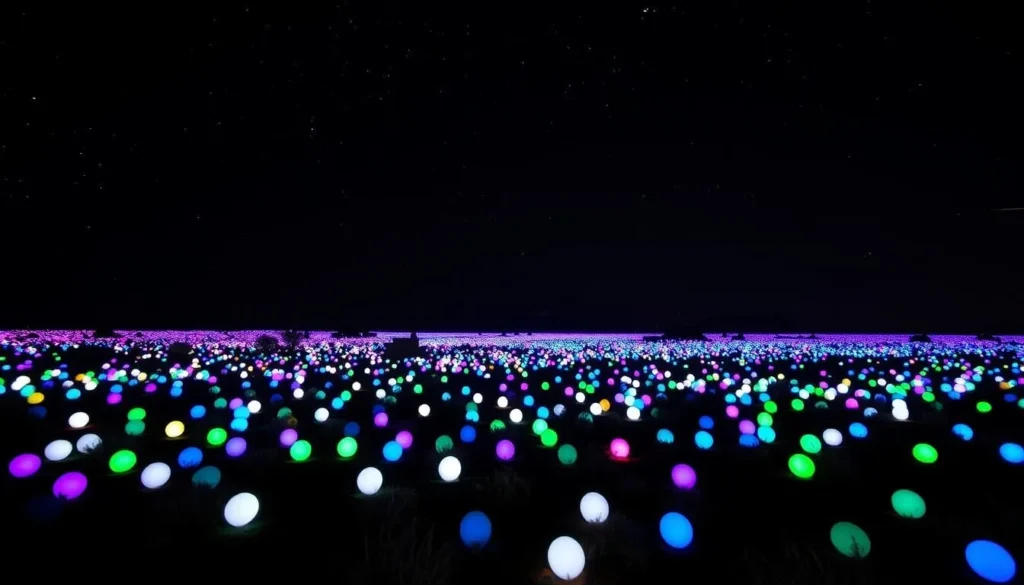 Field of Light art installation with thousands of illuminated spheres in front of Uluru (Ayers Rock) at night Field of Light art installation with thousands of illuminated spheres in front of Uluru (Ayers Rock) at night