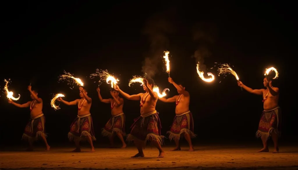 Fijian fire dancers performing traditional meke dance at night