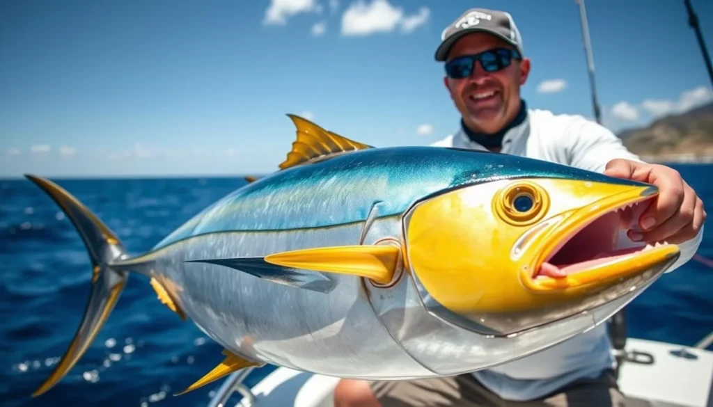 Fisherman with a large yellowfin tuna caught in Niue's waters