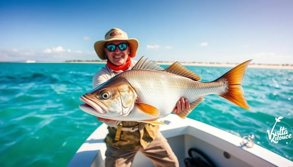 Fishing boat at Dundee Beach with person holding large barramundi catch