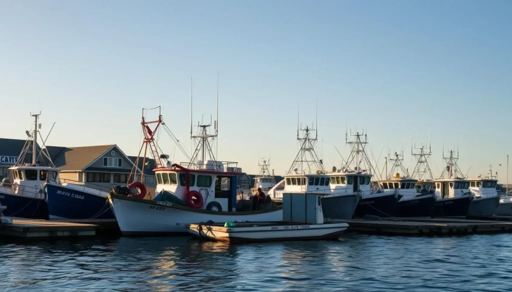 Fishing boats in Montauk Harbor with fishermen preparing for a day on the water