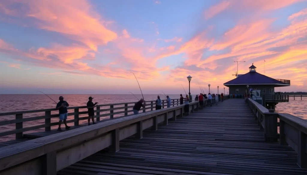 Fishing pier in Cape Charles, Virginia, with fishermen reeling in their catch.