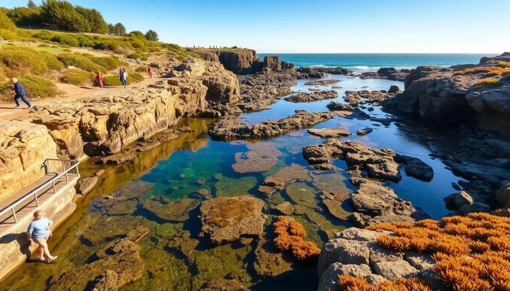 Fitzgerald Marine Reserve Tide Pools: A Coastal Oasis. Serene tidal pools nestled amidst rugged rocky cliffs, bathed in warm, golden sunlight. Vibrant marine life - anemones, starfish, and crabs - thriving in crystal-clear waters. Lush kelp forests sway gently in the salty breeze. Visitors stroll along the well-maintained boardwalk, immersed in the tranquil beauty of this natural haven. Capture the essence of this picturesque coastal landscape, where the land and sea converge in a breathtaking display of nature's majesty.