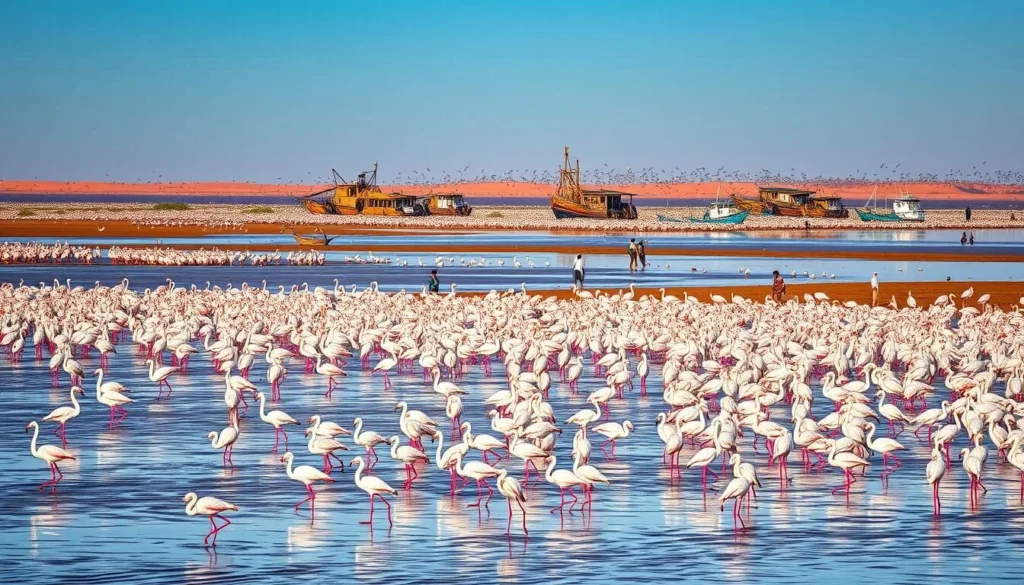 Flocks of migratory birds at Banc d'Arguin National Park, Mauritania Flocks of migratory birds at Banc d'Arguin National Park, Mauritania