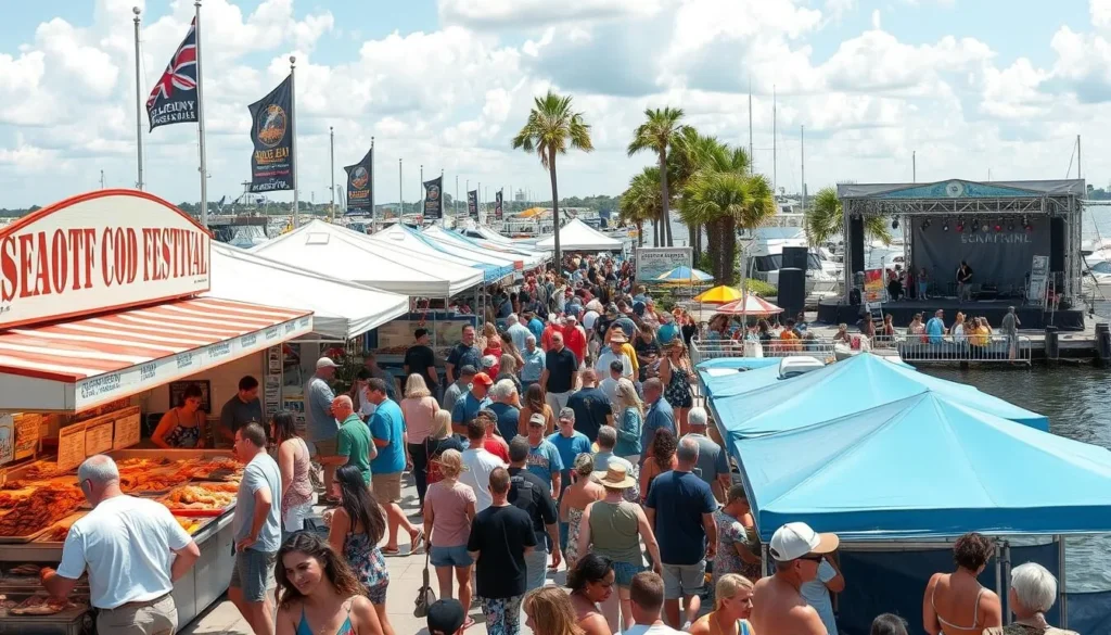 Florida Seafood Festival in Apalachicola with food vendors, crowds, and waterfront activities Florida Seafood Festival in Apalachicola with food vendors, crowds, and waterfront activities