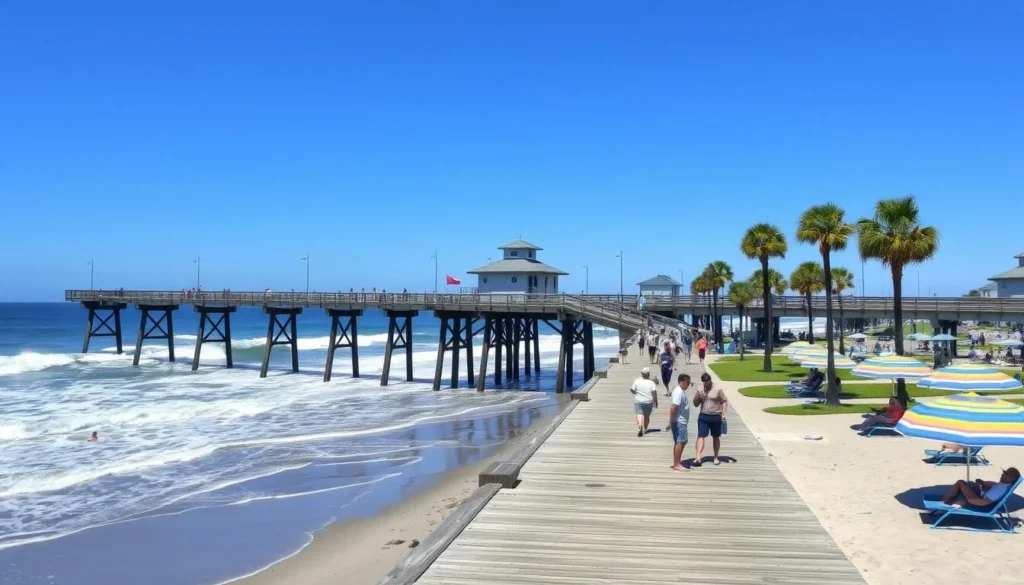 Folly Beach Pier with people fishing and enjoying ocean views Folly Beach Pier with people fishing and enjoying ocean views
