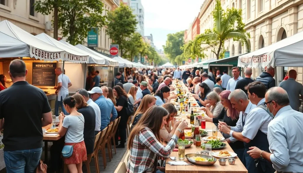 Food festival in Newcastle with people enjoying outdoor dining