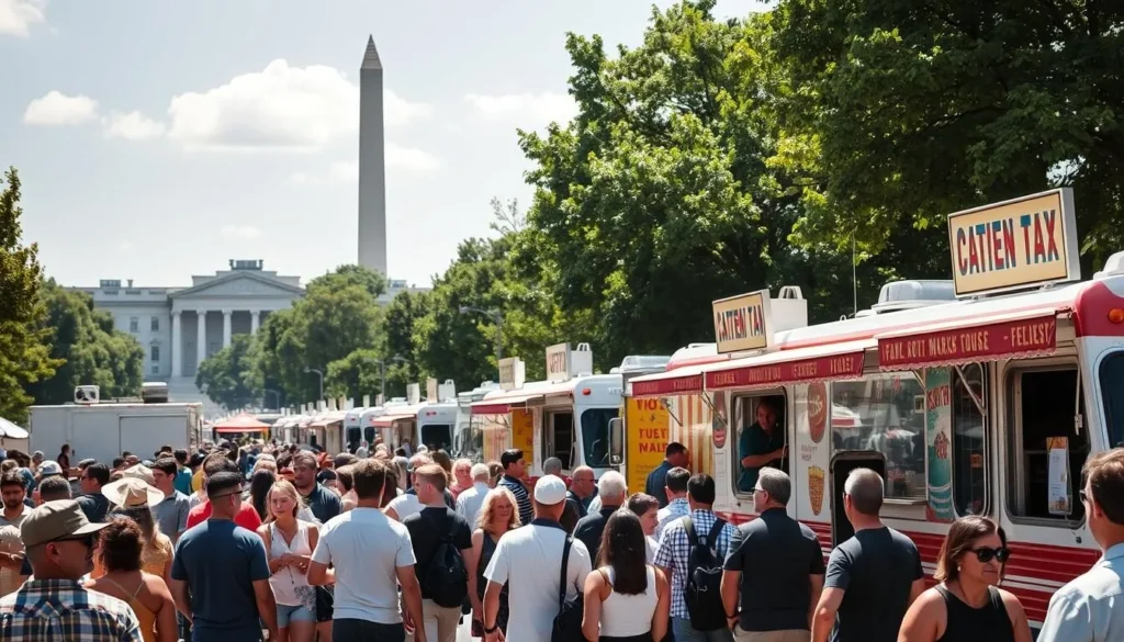 Food trucks lined up at a Washington DC street food festival with crowds of people enjoying diverse cuisines