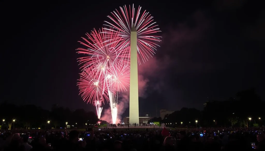 Fourth of July fireworks over the Washington Monument with crowds gathered on the National Mall