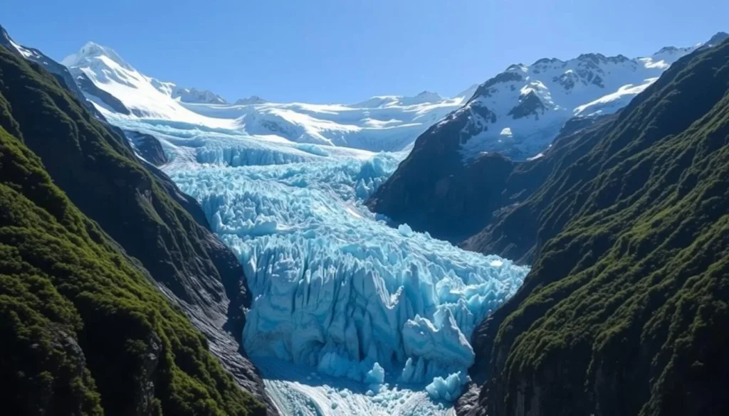 Franz Josef Glacier with ice formations, unique New Zealand natural wonder Franz Josef Glacier with ice formations, unique New Zealand natural wonder