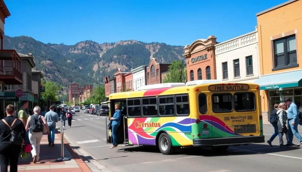 Free shuttle bus in downtown Manitou Springs with passengers boarding