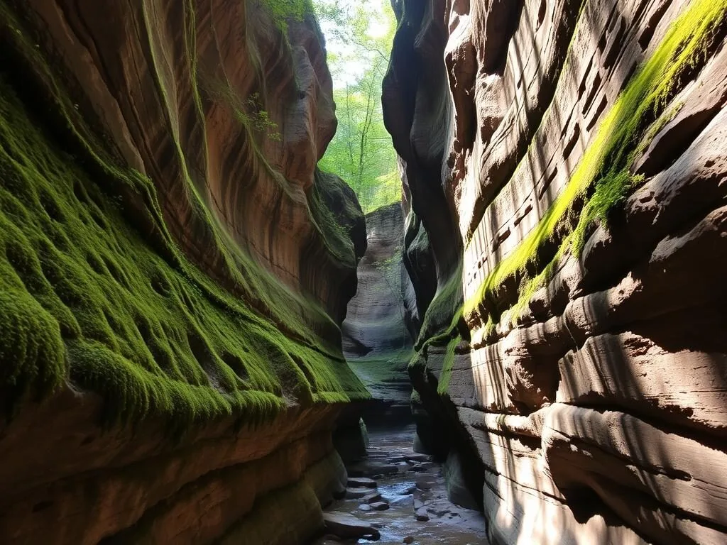 French Canyon at Starved Rock State Park with narrow passages and vertical walls