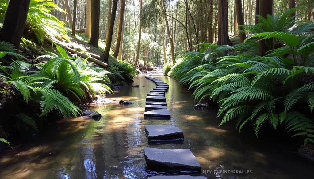 Frenchs Creek Trail with creek crossings, ferns, and eucalyptus forest Frenchs Creek Trail with creek crossings, ferns, and eucalyptus forest