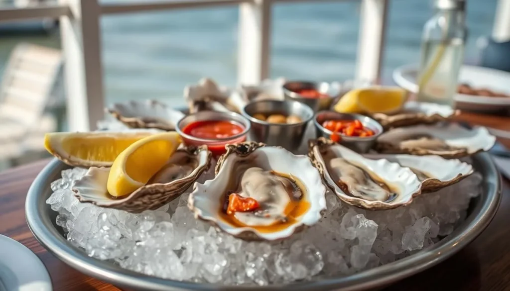 Fresh Apalachicola oysters on the half shell with lemon wedges served at a waterfront restaurant Fresh Apalachicola oysters on the half shell with lemon wedges served at a waterfront restaurant