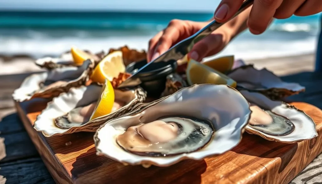 Fresh Coffin Bay oysters being shucked with the ocean in the background on the Eyre Peninsula South Australia things to do Fresh Coffin Bay oysters being shucked with the ocean in the background on the Eyre Peninsula South Australia things to do