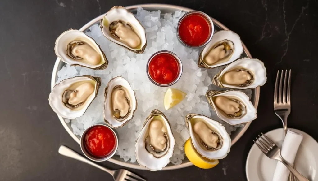 Fresh oysters on ice with mignonette sauce at a Washington DC raw bar