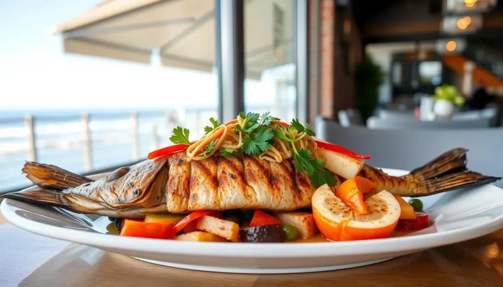 Fresh seafood dish from a Santa Cruz waterfront restaurant with ocean view Fresh seafood dish from a Santa Cruz waterfront restaurant with ocean view