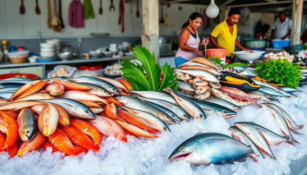 Fresh seafood display at a local market in Majuro with various fish and shellfish Fresh seafood display at a local market in Majuro with various fish and shellfish