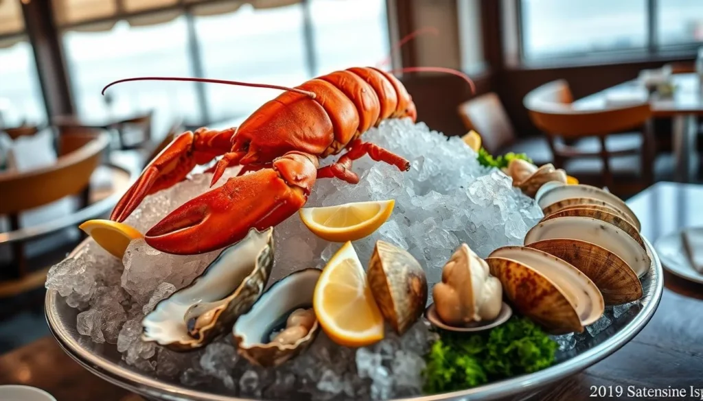 Fresh seafood platter at a Montauk restaurant featuring lobster, oysters, and clams