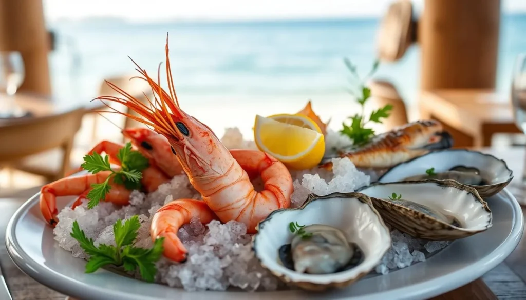 Fresh seafood platter at beachside restaurant in Fitzroy Island National Park, Queensland Fresh seafood platter at beachside restaurant in Fitzroy Island National Park, Queensland