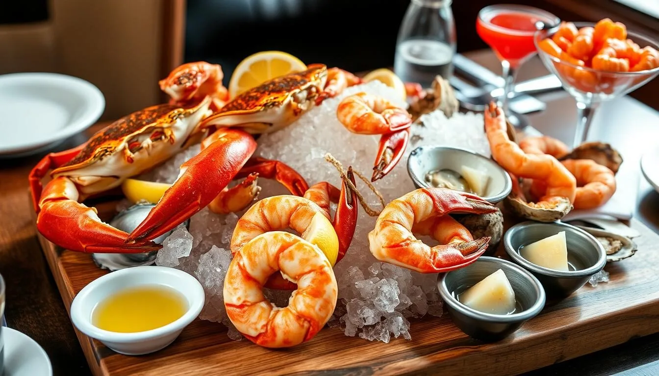 Fresh seafood platter with Chesapeake Bay blue crabs, oysters, and shrimp at a Washington DC seafood restaurant