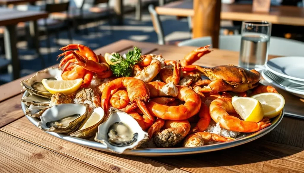 Fresh seafood platter with Chincoteague oysters, shrimp, and crab at a waterfront restaurant Fresh seafood platter with Chincoteague oysters, shrimp, and crab at a waterfront restaurant