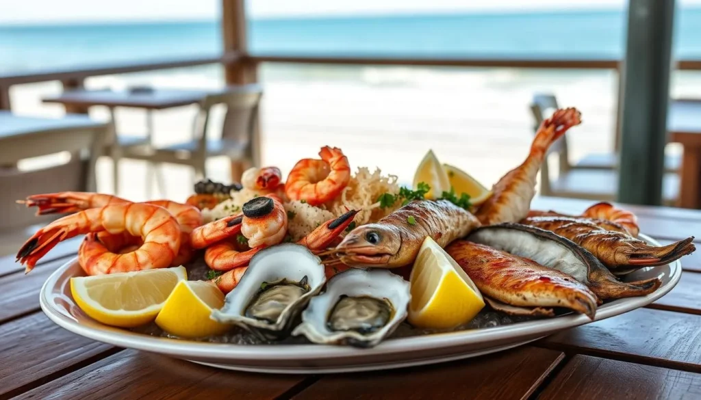 Fresh seafood platter with Gulf shrimp, oysters, and fish at a waterfront restaurant on Mustang Island