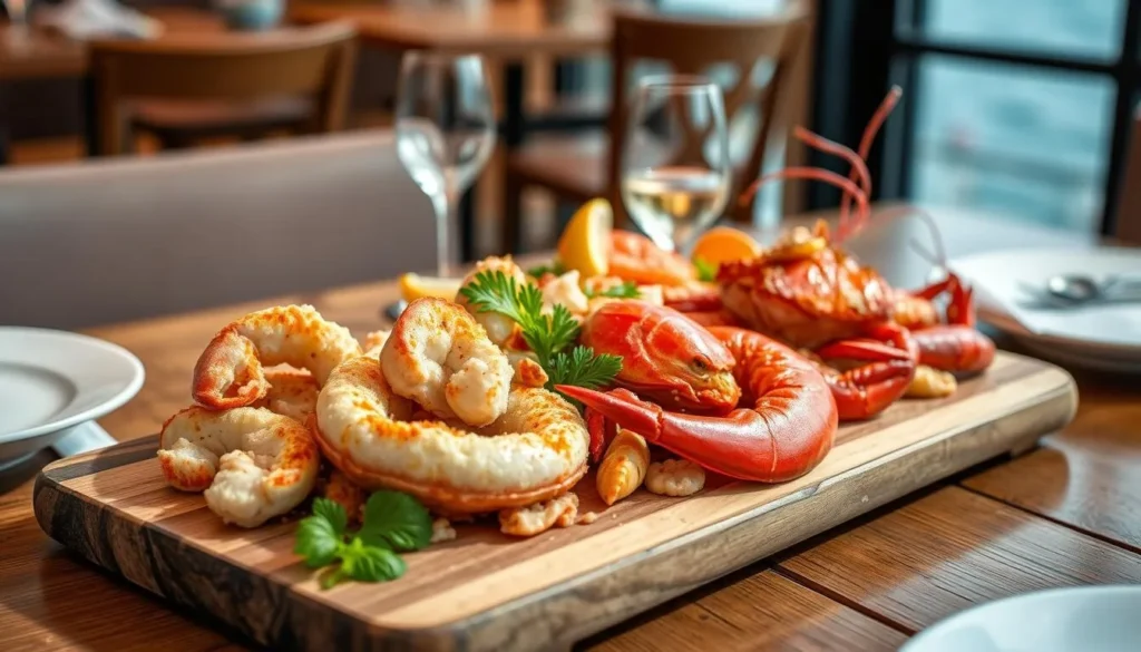 Fresh seafood platter with Scilly crab and lobster at a waterfront restaurant Fresh seafood platter with Scilly crab and lobster at a waterfront restaurant