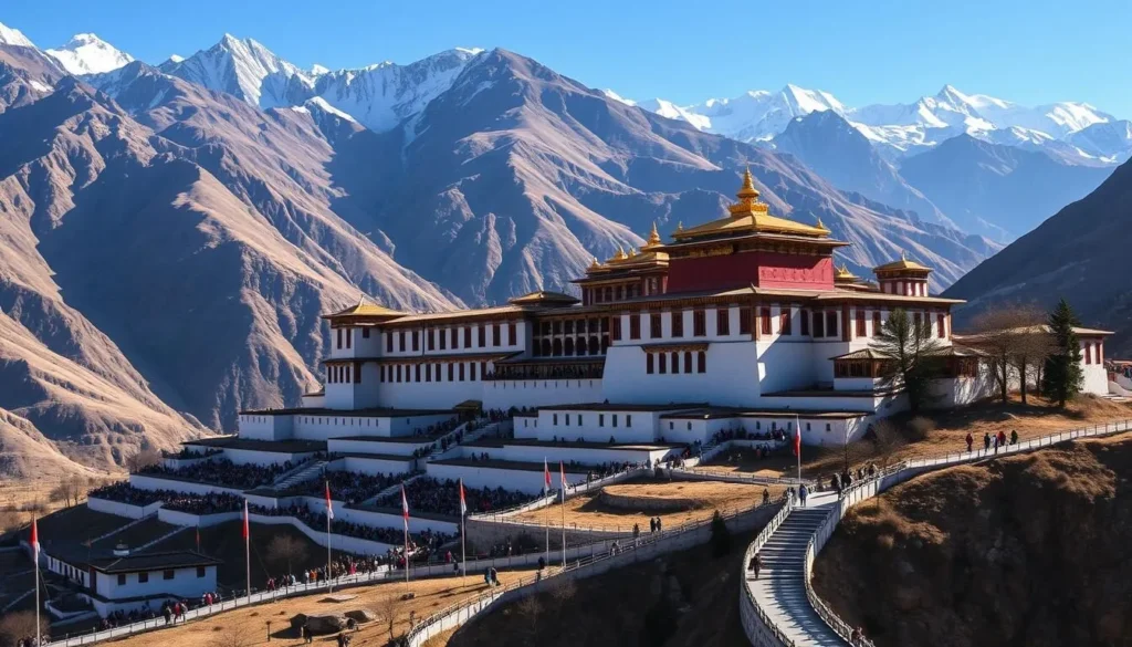 Ganden Monastery, a majestic Buddhist complex nestled amidst the Himalayan peaks, basking in the warm sunlight of a picturesque day. Capture the grand, multi-tiered architecture with its distinctive golden roofs and whitewashed walls, flanked by rugged mountains in the background. Showcase the tranquil atmosphere, with prayer flags fluttering gently in the crisp mountain breeze and devotees circumambulating the holy site. Use a wide-angle lens to showcase the breathtaking panorama, with the monastery's iconic kora path winding through the serene landscape. Convey a sense of timeless spirituality and the awe-inspiring natural beauty that makes this a must-visit destination beyond the Lhasa city center.